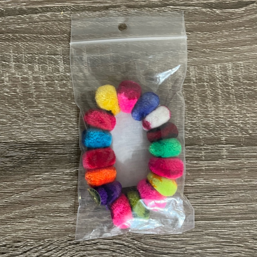 NIP Colorful Pom Pom Hair Tie Hand Made In Peru